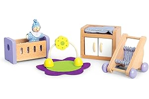Hape Babyzimmer – Puppenhaus Babyzimmer Set aus Holz, Puppenmöbel für Kinder, Puppenhaus Zubehör für Kleinkinder, Miniatur Kinderzimmer mit Wiege und Zubehör, Rollenspiel ab 3 Jahren
