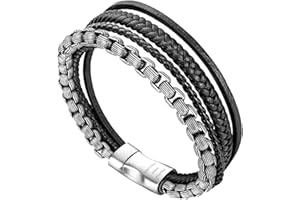 Murtoo Bracciale Uomo Pelle e Catena Acciaio Braccialetto con Chiusura Magnetica Pacco Regalo per L'uomo