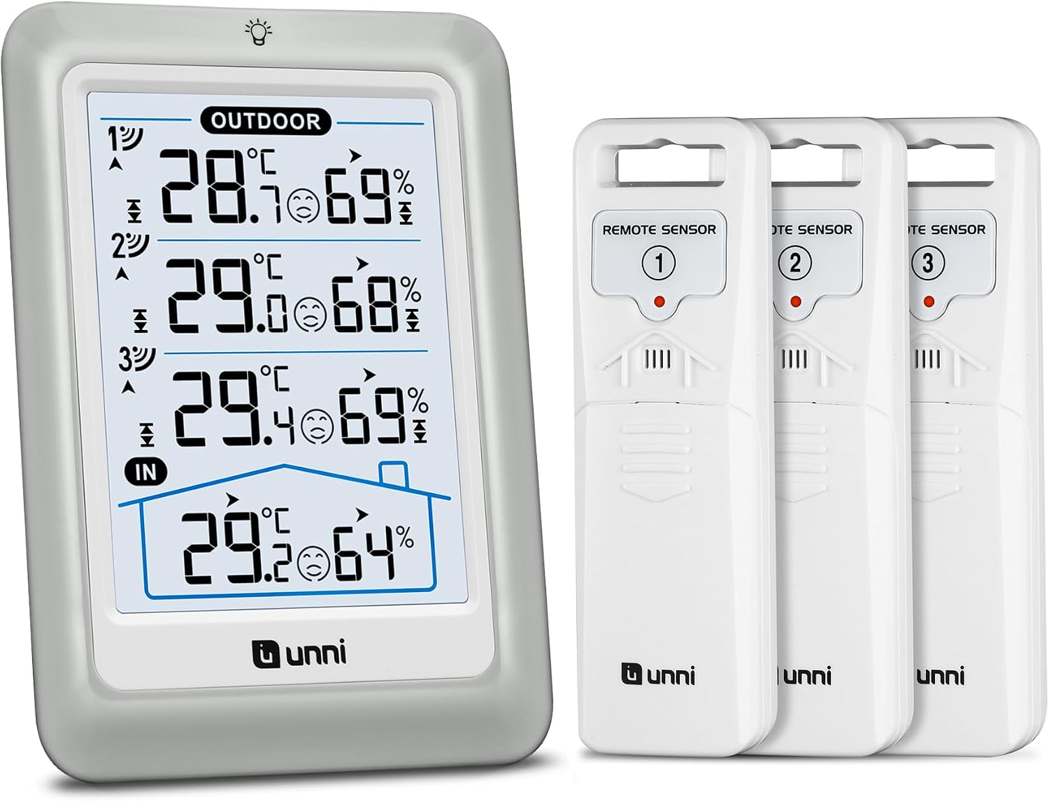 Termómetro inalámbrico para interiores y exteriores con 3 sensores, pantalla de 4.5 pulgadas, alcance de 100 m y retroiluminación Ajustable