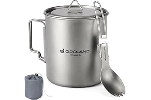 Odoland Pot en titane de 750 ml - Ultra léger - Portable - Tasse de camping avec couvercle et fourchette - Pour camping, randonnée, voyage et randonnée