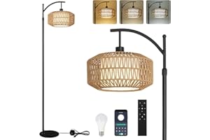 Rayofly Arc Floor Lamps for Living Room, Dimmable LED Floor Lamp with Remote Control, Boho Standing Lamp with Rattan & Linen Lampshades, Black Corner Floor Lamp for Bedroom Office, Smart Bulb Included