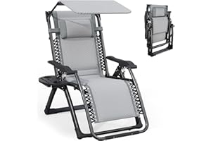 ATORPOK SHOP Bain de Soleil Chaise Longue de Jardin avec Pare-Soleil, Fauteuil Inclinable, Appui-Tête et Porte-Gobelet, pour Le Jardin, la Piscine et la Plage (Gris)