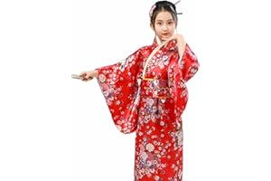 JIAHG Kids Girls Silk Satin Kimono Robe Dressing Gown Traditional Sakura Print Long Kimono Yukata Sleepwear Halloween Japanese Costume Outfit Fancy Dress for 3-6 Years