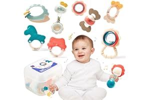 hahaland Sonajeros y Mordedor Juguetes Bebes 0 3 6 12 meses, Sensorial Juguetes para la Dentición 10 Piezas, Regalos Originales con Caja de Almacenaje para Bebes 0+ meses