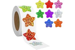 G2PLUS 500pcs Self-Adhesive Shiny Reward Holographic Smile Star Stickers - 2.5cm Waterproof, Sparkly - Children's Reward Stickers for Crafts & Activities