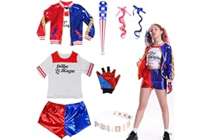 Boyigog Quinn Kostüme kinder, Quinn Kostüm Cosplay Costume Set Quinn Tattoo Joker, Jacke, Shorts, T-Shirt, Handschuh, Netzstrümpfe für Halloween Karneval Cosplay