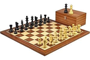 CHESSGAMMON Tournament Size Supreme Quality Wooden Chess Set Mahogany Board 21 Inch Weighted Ebonised Staunton French Knight Pieces Mahogany Storage Box 3.75 Inch