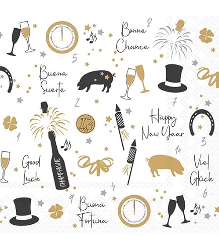 Servetten Oudejaarsavond 2026 - 60 Stuks Happy New Year Zwart Goud 33x33 Cm
