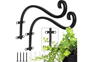 AHUNTTER 2 Pack 12 Inch Heavy Duty Hanging Basket Brackets Curved Up Iron Planter Hooks Decorative Metal Outdoor Garden Plant Pots Wall Hangers for Lanterns Fence Flowers by Post - Black