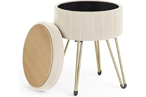 ‎SONGMICS SONGMICS Runder Sitzhocker, Hocker mit Stauraum, Samt Schminktisch Hocker, 39 cm d, 44,4 cm H, 4 Metallbeine, für Ankleidezimmer, Wohnzimmer, Schlafzimmer, cremeweiß LOM003W01