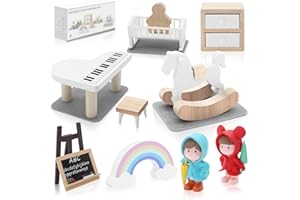 AOPIER 10PCS Miniature Dollhouse Babyroom Furniture Set, Wooden Mini Furniture Dollhouse Accessories with Piano, Pretend Play Furniture Toys for Kids Age 3+ Birthday