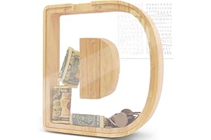 DBPBToU Hucha Grande de Madera con Letras, Huchas Personalizada Transparente 23*4*23cm, Cerdito para Niños, Creativa para Regalo de Cumpleaños/Decoración del Hogar/Recuerdo (D)