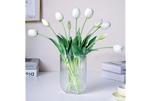 WAKISAKI 40 cm alta qualità finti tulipani artificiali realistic tocco reale, stelo flessibile, tulipano fiori artificiali facili da modellare (senza vaso), set da 10, Bianco Menta Piperita