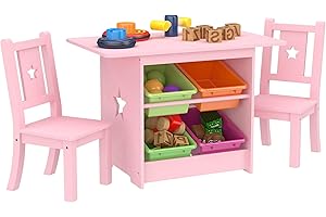 MEVSIM STORE Bambini Set Tavolo e Sedie - Legno Massiccio e Rosa - Tavolo con 4 Contenitori, Scrivania per Bambini Star Design con 2 Sedie - Rispettoso dell'ambiente..