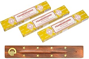 Original Satya Frankincense Incense Sticks Pack of 3X 15G with Greensense Holder for Aromatherapy, Spa, Yoga, Weddings, Meditation, Healing, Positivity and Relaxation