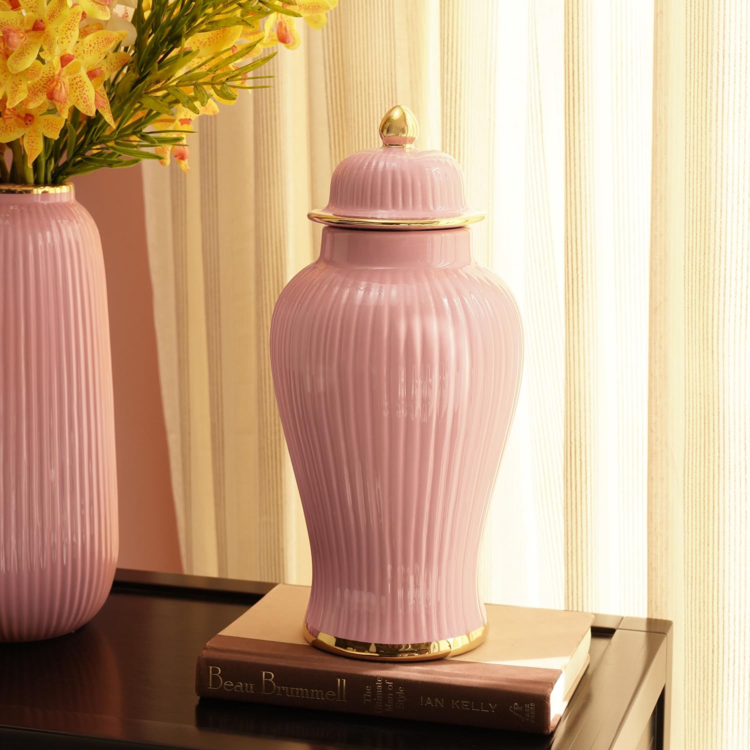 Pure Home + Living Light Pink Ribbed Ceramic Urn with Lid - Small
