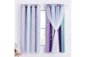 NICETOWN Rideau Occultant Enfant - Rideau Bleu Etoiles Ciselées Perforées Thermique Draperies Lumineux Bloquer pour Enfant Chambre, L 132 x H 160 cm, Bleu + Violet, Lot de 2