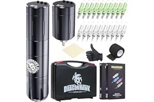 Dragonhawk Tattoo Machine Kit Wireless Tattoo Pen Rotary Tattoo Machine Battery Pen LCD Display with 2pcs batteries Rechargeable Tattoo Cartridges Needles for tattoo Beginner
