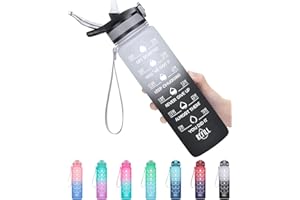 MEITAGIE 1000ml Sports Water Bottle with Motivational Time Marker & Straw, Leak-proof Drink Bottle with BPA Free Non-Toxic Tritan Material; 1-Click Open for Sports