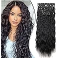 Gairyan Long Curly Clip in Hair Extensions 20 inch Black Hair Extension Clip in Hairpiece Wavy 6PCS Full Head Set Synthetic Hair piece for Women