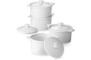 DOWAN Pirottini per Soufflé Set con Coperchi, 4 X 210 ml Stampi a Prova di Forno per Crème Brulée, Muffin, Dolci e Pasticceria, Mini Ciotola Porcellana per Forno, Salsa, Snack, Fruttoda, Ø 10cm-Bianco