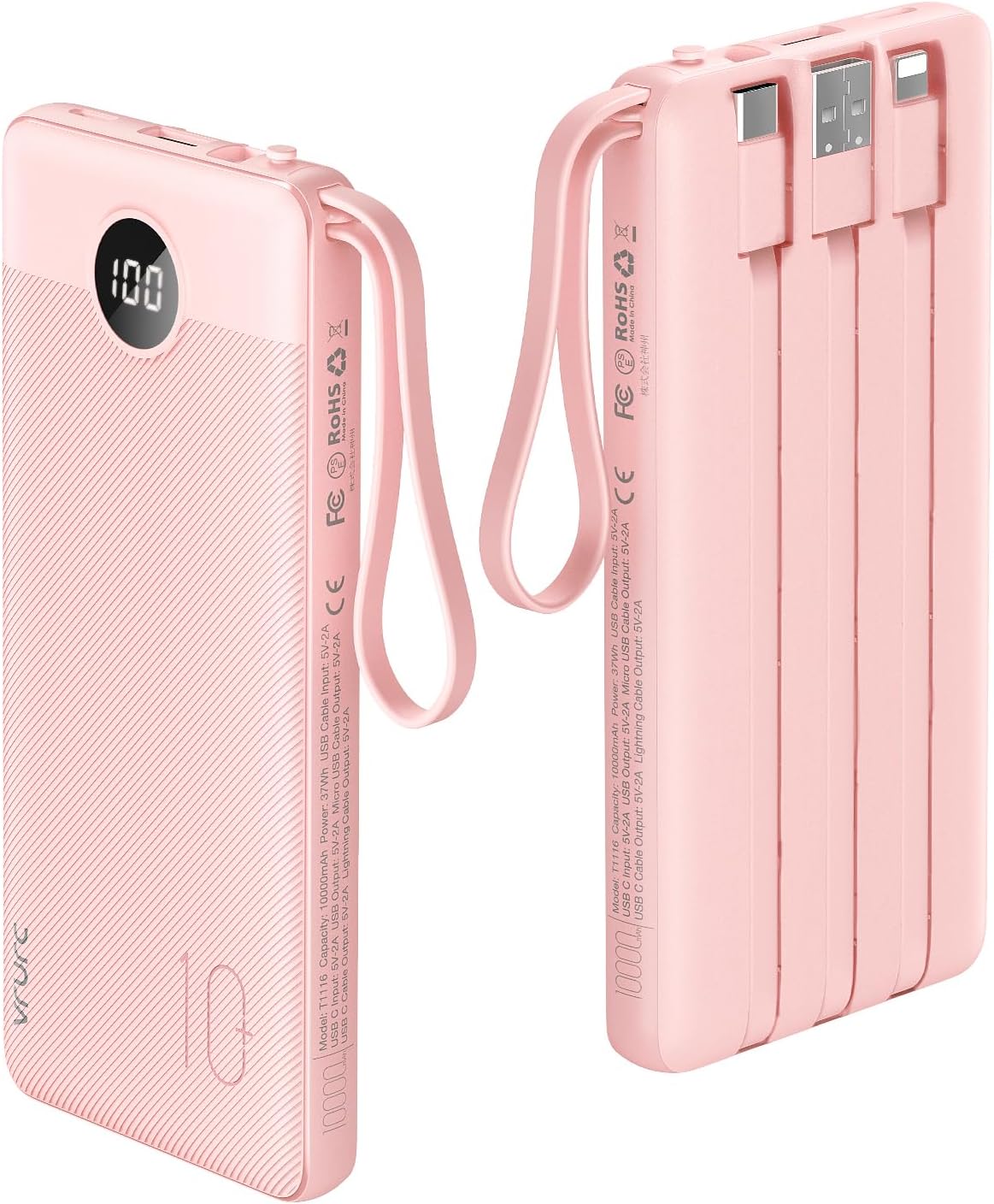 VRURC Power Bank with 4 Cables, 10000 mAh Power Bank, Portable Charger, USB C External Mobile Phone Batteries, LED Display with 5 Outputs, 2 Inputs, Compatible with iPhone/Huawei/Samsung Smartphone