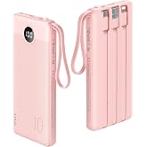 VRURC 10000mAh Power Bank With Built-in 4 Cables, Slim Portable Charger | USB C Battery Pack with 5 Outputs 2 Inputs, Powerba