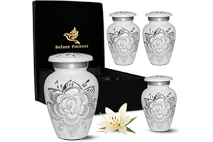 SOLACE FOREVER White Cremation Urns - Handcrafted Mini Urns for Human Ashes Set of 4 with Premium Box & Bag - Honour Your Loved One with White Rose Keepsake Urns Small - White Rose Urns For Ashes Women & Men