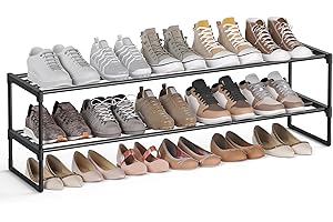 SONGMICS 2-Tier Shoe Rack, Shoe Storage Organiser, Metal Storage Rack, Fits 10 to 12 Pairs of Shoes, Stackable Shoe Shelf, for Hallway, Living Room, Bedroom, 30 x 116 x 34 cm, Black LSA032B01