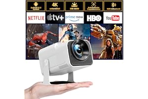 HIPPUS Mini Beamer 4K Heimkino, Projektor 4K Unterstützt 1080P Full HD, Projector mit Android OS 11.0, WiFi 6 und BT 5.2, 180° Drehung Handy Beamer Kurzdistanz, Weiß
