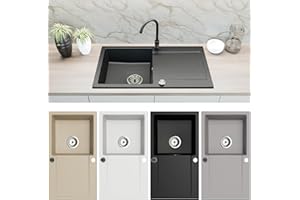 Faizee Home | Granitspüle 90x50 cm – Reversibles Spülbecken mit Abtropffläche inkl. Siphon & Drehexzenter | Kratzfest, hitzebeständig & für 45 cm Unterschränke (Schwarz Gesprenkelt)