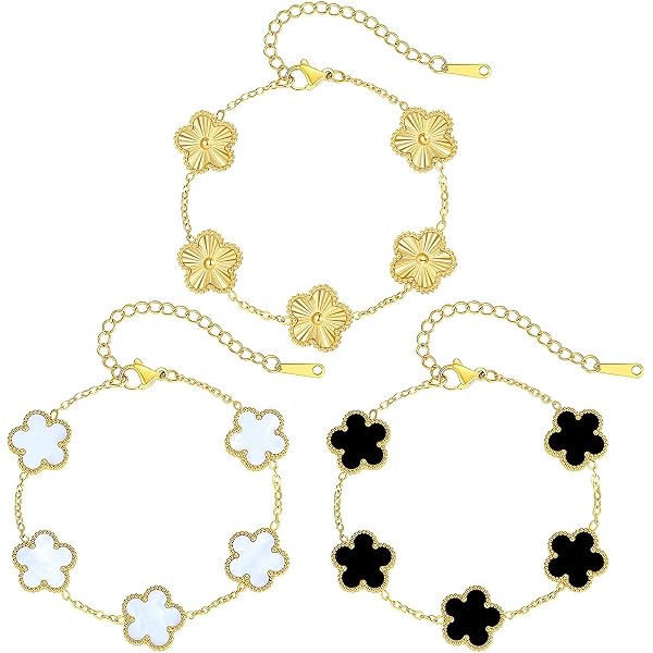 Bracelet Ajustable 5 Trèfles à 4 Feuilles En Acier Inoxydable Doré Et Noir - Neuf Sans Emballage