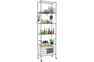 BATHWA 6 Tier Standing Shelving Unit with Wheels Height Adjustable Metal Shelf with Hooks 29 x 54 x 175 cm Black