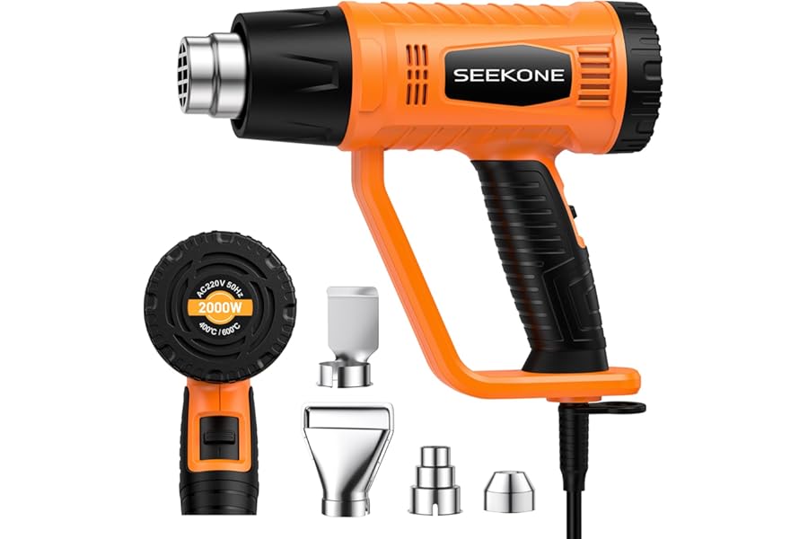 Heat Gun, SEEKONE 2000W Professional Heavy Duty Hot Air Gun Kit 400℃ & 600℃ Dual-Temperature Settings with Flame Retardant Protective Cover, 4 Nozzles for Crafts, Shrinking PVC, Stripping Paint