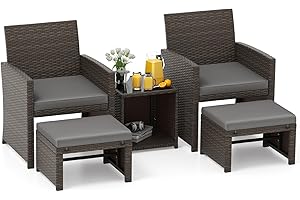 COSTWAY Conjunto de Muebles de Jardín de Ratan, 5 Piezas, Set Conversación de Exterior con Silla y Otomana y Mesa Baja en Vidrio Templado, Cojines, Jardín Patio Piscina (café)