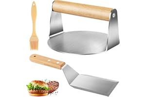 GlasFlength Smash Burger kit, Round Presse à Hamburger en Acier Inoxydable Presse Burger avec Poignée en Bois Presse Hamburger avec Spatule Burger et 1 Pinceau pour Teppanyaki, Galettes, Barbecue