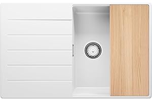 PRIMAGRAN Evier Cuisine en Granit Blanc 78x50cm, Lavabo 1 bac + Kit de Vidage + Planche à Découper, Évier à Encastrer al mueble 50cm - Copenhague S035