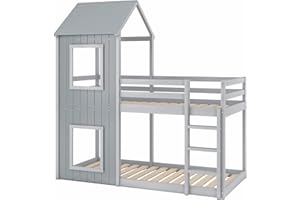 AZKOEESY Litera Infantil para 2 niños, 90 x 200 cm, Cama Infantil en Forma de casa, con Dosel y Ventana, con láminas, Material: Pino, Gris -3071489HAA-1