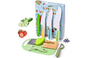 HOTUT Set di 9 Coltelli da Cucina per Bambini, 4 Pezzi Coltello Da Frutta Per Bambini e Coltello in Legno, Tagliere e 2 Pezzi Pelapatate, Coltelli per Patate per Tagliare Frutta o Verdura