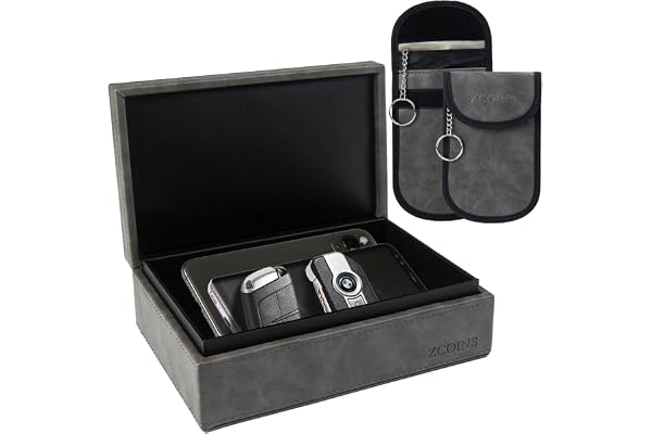 ZCOINS Boîte Faraday Grande Taille Grise & 2 Pochettes Faraday, Protection Anti-Vol et RFID pour Clés Voiture, Smartphone, Cartes de Crédit, Étui Anti-Ondes Idéal pour Maison, Bureau et Voyage