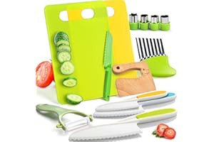 Lot de 13 couteaux de cuisine en bois pour enfants-Couteaux sans danger pour les tout-petits-Couteaux en plastique sans danger pour les tout-petits-Planche à découper-Éplucheur en Y-Emporte-pièces