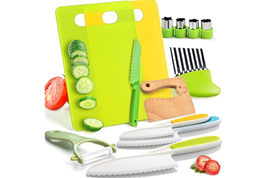 13 Pieces Wooden Kids Kitchen Knifes-Toddler Safe Knives Set for Real Cooking With Plastic Toddler Safe Knives/Crinkle Cutter/Kids Cutting Board/Y-Peeler/Fruit Cutters Shapes
