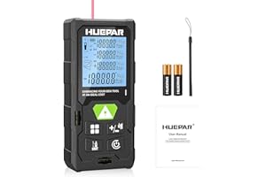 ‎HUEPAR Laser Entfernungsmesser, Huepar 50M/100M/120M Laser Messgerät Entfernungsmesser mit Laser, hintergrundbeleuchtetem LCD, Messung von Entfernung, Fläche und Volumen und pythagoreischem Modus(ft/m/in)