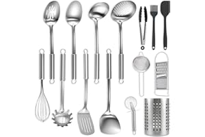 BEWOS Set Utensili Cucina da 15 Pezzi - Utensili da Cucina in Acciaio Inossidabile con Paletta e Portautensili, Non Tossico, Lavabile in Lavastoviglie e Resistente al Calore