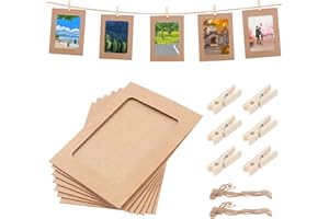 HonGien Paper Picture Frames,50Pcs Paper Photo Frame with 50Pcs Clips and 2Pcs Hanging Ropes,Hanging Album Frame for Displaying Beautiful Cute Photos and Dectorating Home Classrooms (Wood Color)