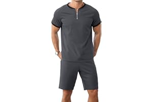 IWOLLENCE Piżama męska, krótka, letnia sukienka na wyjście, dwuczęściowy zestaw wypoczynkowy, piżama z zamkiem błyskawicznym, koszula z szortami