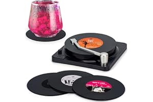 Valdivia Funny Retro Vinyl Record Coasters with Player, Music Coasters Set of 6 for Drinks, Bars, Cafes, Home, Party, Office, Housewarming Gifts for Music Lovers and Birthday Gifts for Men