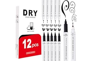 EFNHJF5 Pack of 12 Whiteboard Markers, Black, Dual-Tip Whiteboard Marker Thin 0.5-1.0 mm, Non-Permanent Foil Pen, Water Soluble, Foil Pen Wipeable for Whiteboard Wall, Weekly Planner, Wipeable