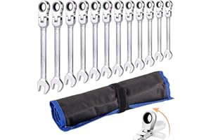 Qnkaa Ratchet Spanner Set 12pcs Metric Flexible Combination Wrench with Gear Ring Open-end Box-end Flex Flexi Head DIY Hand Tools Kit in Roll Bag 8-19mm