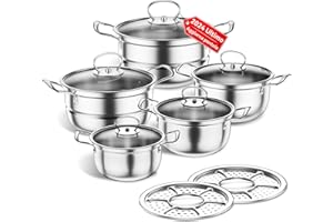 MIHOHO Set di pentole in acciaio inossidabile, set di pentole a induzione da cucina da 12 pezzi, funziona con piani cottura a induzione/elettrici e a gas, set da con coperchio in vetro (argento)